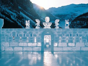 A spectacular ice palace on the lake in front of the Fairmont Chateau Lake Louise during a past Ice Magic Festival. (Credit: Tourism Banff Lake Louise)