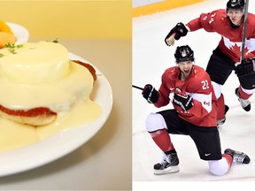 Canada forward Jamie Benn, left, celebrates with teammate Corey Perry, right, after scoring against the United States during second period semi-final hockey action.