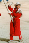 Flag bearer at the closing ceremony was Karen Percy, an alpine skier who won two bronze medals in the Games.