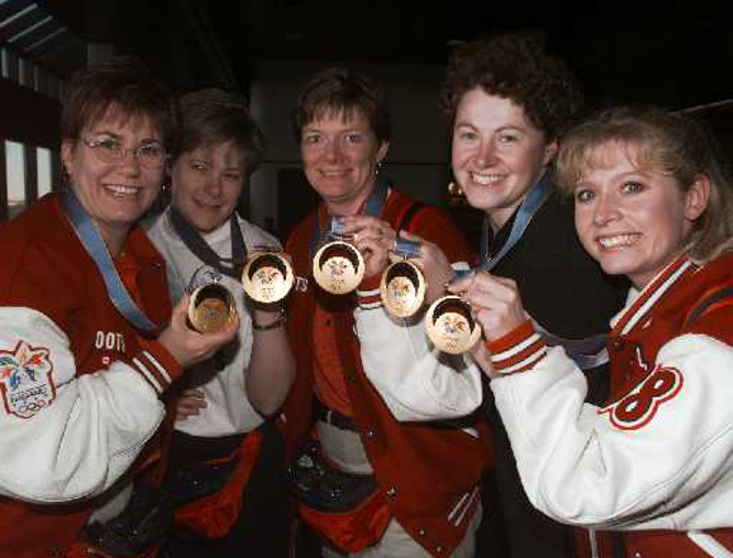 Sandra Schmirler’s Canadian rink won the first women’s curling gold in 1998. Those Roots jackets look so retro now.
