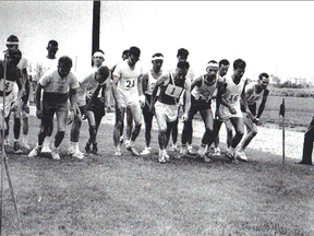 19 runners including #12 Lawrence King lined up to run 42.2K as part of the first Calgary Marathon. Only 12 finishers made it.