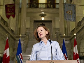 Alberta Premier Alison Redford announces her resignation in Edmonton, Alberta on Wednesday March 19, 2014. Redford has been struggling to deal with unrest in her Progressive Conservative caucus over her leadership style and questionable expenses.THE CANADIAN PRESS/Jason Franson