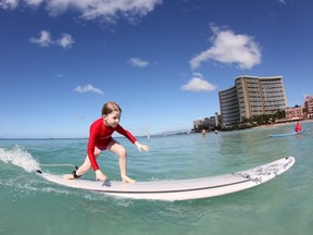 Girl standing on surf board