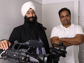 Chakde TV manager Harpreet Randhawa, right, is joined by Gurbinder Singh, who will co-host a weekly talk show on the new Punjabi-language channel that's based in Calgary.
