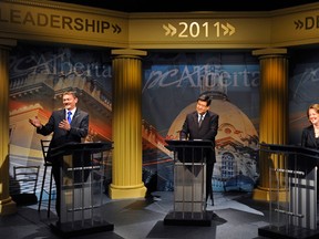 Candidates in the 2011 PC leaders race from left, Doug Horner, Gary Mar and Alison Redford about to take part in a televised leadership debate.