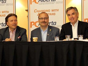 All three PC leadership candidates Thomas Lukaszuk, left, Ric McIver and Jim Prentice, attend forum at the party's Calgary policy conference on May 31, 2014.