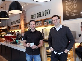 Russ Prefontaine, left and Chris Prefontaine in their coffee shop Analog Cafe in Calgary