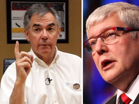 Jim Prentice (left) might be waiting for Dave Hancock's Conservative-friendly Edmonton-Whitemud seat if he wins the leadership race.