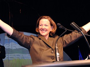 Alison Redford celebrates her leadership victory on the second ballot, Oct. 1, 2011.