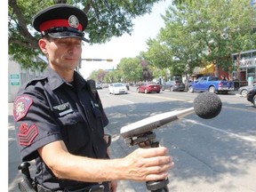 Sergeant Dean Vesgo, of the Calgary Police Service, with a noise measuring device that will be used to target excessive vehicle noise.