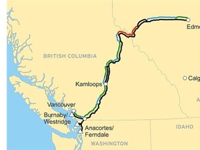 A 2011 handout map of the proposed Trans Mountain pipeline expansion from Edmonton to Burnaby, B.C.