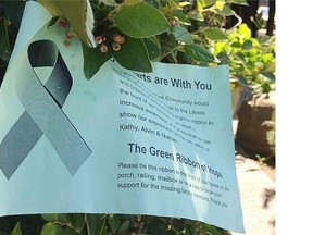 Across the southwest community of Parkhill, and also outside of Calgary, people are tying green ribbons on their homes as a sign of support and hope for the family of Nathan O’Brien.
