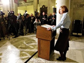Alberta Premier Alison Redford announces her resignation in Edmonton, Alberta on Wednesday March 19, 2014. Redford has been struggling to deal with unrest in her Progressive Conservative caucus over her leadership style and questionable expenses.