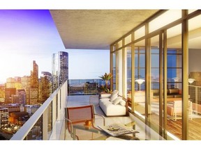 An artist’s rendering shows the balcony at one of the buildings at The Guardian and the expansive skyline view.