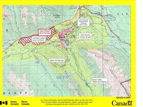 BANFF, AB; JUNE 23, 2014   -- Map for latest bear closure/warning in Banff, Alberta. (Parks Canada/Calgary Herald) For City story by Colette Derworiz