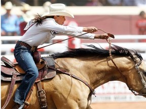 Barrel racer Lisa Lockhart from Oelrichs, S.D., seen here racing in the Calgary Stampede last year, turned the top time at the Ponoka Rodeo on Sunday.