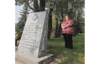 Belinda Crowson, of the Lethbridge Historical Society, at Battery Point in Henderson Lake park in Lethbridge, Alberta Wednesday, July 16, 2014. This portion of the park was dedicated to those from the Lethbridge area who served during the First World War.