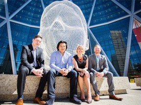 Brayden Logel, Nicholas Hon, Nicole Westman, and Ian Macdonald, are photographed outside The Bow in downtown Calgary