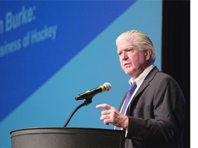 Brian Burke, President of Hockey Operations for the Calgary Flames, talks at a Calgary Chamber event at the Hyatt Regency on Thursday.