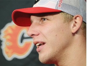 Calgary Flames rookie David Wolf talks to the media after going through fitness testing at WinSport in Calgary.