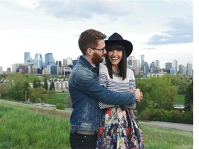 Calgary bloggers Tyler Stalman and Ania Boniecka hug it out at their photo shoot for Nordstrom’s ad campaign.