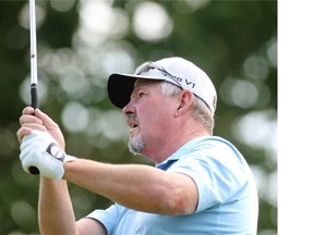 Calgary’s Darryl James tees off on the 12th hole during the Shaw Charity Classic qualifying round at Canyon Meadows Golf Club on Tuesday. His round of 68 was good enough to make the tournament.