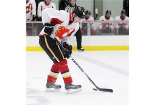 Calgary Flames’ 2014 first-rounder Sam Bennett takes part in a rookie scrimmage at WinSport Arena on Wednesday.