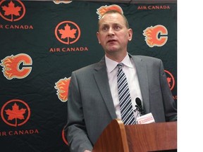 Calgary Flames GM Brad Treliving talks to media on Monday.