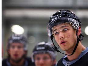 Calgary Flames centre Mark Jankowski, seen at last year’s development camp, isn’t on the ice this time — sidelined by hip issues — but it doesn’t mean the Flames have forgotten about him.