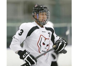 Calgary Hitmen rookie Aaron Hyman participates in a training camp scrimmage Sunday afternoon at the Don Hartman Sportsplex.