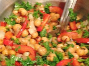CALGARY, AB; JULY 4, 2014   — Grilled chick peas and kale with red peppers. (Andrea Holwegner/Calgary Herald) For Food story by Andrea Holwegner