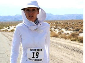 Calgary marathon runner Lorie Alexander during the gruelling 135-mile Badwater Ultramarathon. Alexander became the only woman to complete the first Badwater Ultra Cup challenge, running three gruelling ultramarathons in 2014.