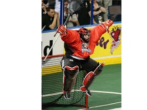 Calgary Roughnecks goalie Mike Poulin jumps for joy after his team defeated the Edmonton Rush in the NLL West final last Friday to advance to the Champions Cup. The veteran goalie has a shot at winning the first championship ring of his career.