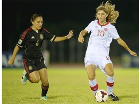 Calgary’s Sarah Kinzner, right, is seen in action against Mexico during the 2013 CONCACAF women’s U-17 championship last November.