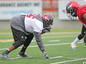 Calgary Stampeders defensive lineman Demonte Bolden ran through plays with teammates during practice at McMahon Stadium on Thursday. Bolden’s play will be crucial as the Stamps enter the game with a banged-up D-Line.