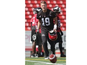 Calgary Stampeders quarteback Bo Levi Mitchell, seen at practice on Tuesday, has exchanged regular text messages with his mentor Jeff Garcia. Mitchell, who attends Garcia’s elite QB school, believes the veteran pivot could still play in the CFL: “He’s still got the arm. He’s out there making every throw with us.”