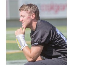 Calgary Stampeders quarterback Bo Levi Mitchell ponders a play during practice on Thursday. He will lead the squad into battle against the Ottawa Redblacks on Saturday.