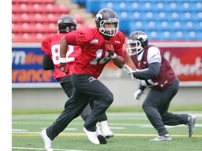 Calgary Stampeders receiver Marquay McDaniel runs through a play during practice at McMahon Stadium on Wednesday.