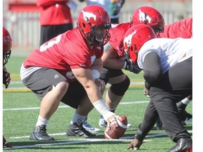 Calgary Stampeders rookie offensive lineman Pierre Lavertu takes part in training camp at McMahon Stadium on Tuesday.