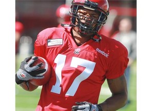 Calgary Stampeders wide receiver Maurice Price runs drills with the team on the first day of Stampeders training camp.