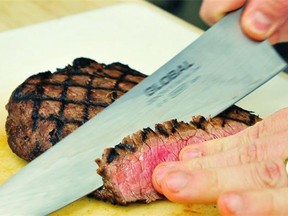 Chef Chris Short says it’s best to cut a flank steak against the grain, and on an angle, to maximize the serving size and the presentation of the meat.