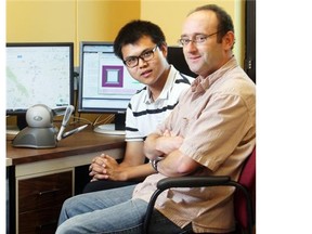 Chinese student Hao Wang, left, geography professor Dan Jacobson have partnered at the University of Calgary to research ways to help the visually impaired better navigate the world around them. as part of the Mitacs Globalink program. The program aims to attract top talent to Canada and raise the international profile of universities in this country.