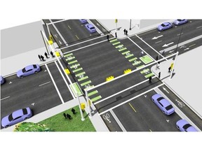 City rendering of the proposed cycle track at 8th Avenue S.W., as it intersects with the existing 7th Street lanes. (City of Calgary)