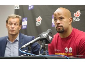 CFL Commissioner Mark Cohon, left, and Calgary Stampeders running back Jon Cornish talk about their involvement in “You Can Play” on Friday. You Can Play is a program that is dedicated to promoting respect for all athletes, regardless of sexual orientation.