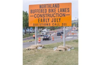 The construction of buffered bike lanes on Northland Drive in Calgary.