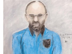 A court sketch of Douglas Garland appearing in court in on July 11. Garland, a person of interest in Calgary missing person case, has been released on bail.