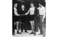 Courtesy, Glenbow Archives, NB-16-498 
 Boxer Luther McCarty, second from right, shakes hands with Arthur Pelkey before a fateful match that spurred manslaughter charges at the Calgary Manchester Arena boxing ring on Victoria Day 1913.