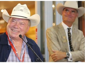 Actor and parade grand marshal William Shatner and Stampede board president Bob Thompson talk about the Stampede on Thursday.