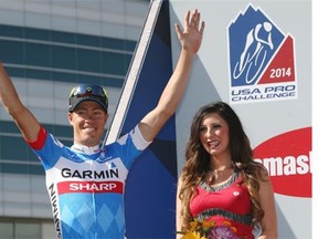 Tom Danielson of the United States, riding for Garmin Sharp, poses for a photo on the podium following the final stage of the 2014 USA Pro Challenge from Boulder to Denverlast month where he placed second. He will be among the top riders to watch at the Tour of Alberta this week.