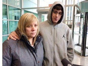 Debbie Hogarth (left) with son Ryan talks to reporters outside court on February 14, 2014, after Byron Blanchard pleads guilty to manslaughter.